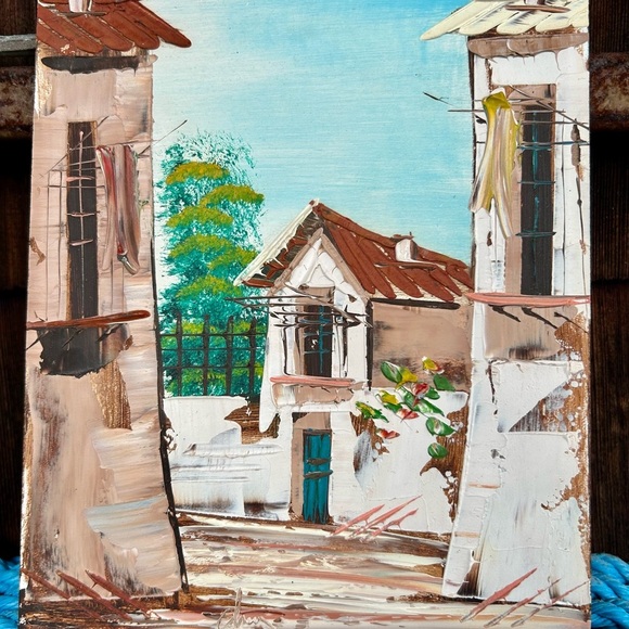 Oil painting of a rustic Spanish village on board measures 8.5 by 7 inches. - Picture 4 of 7